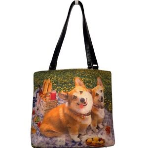Corgi Picnic Tote Bag Dog Print Shoulder Purse Kitschy Animal Graphic Large